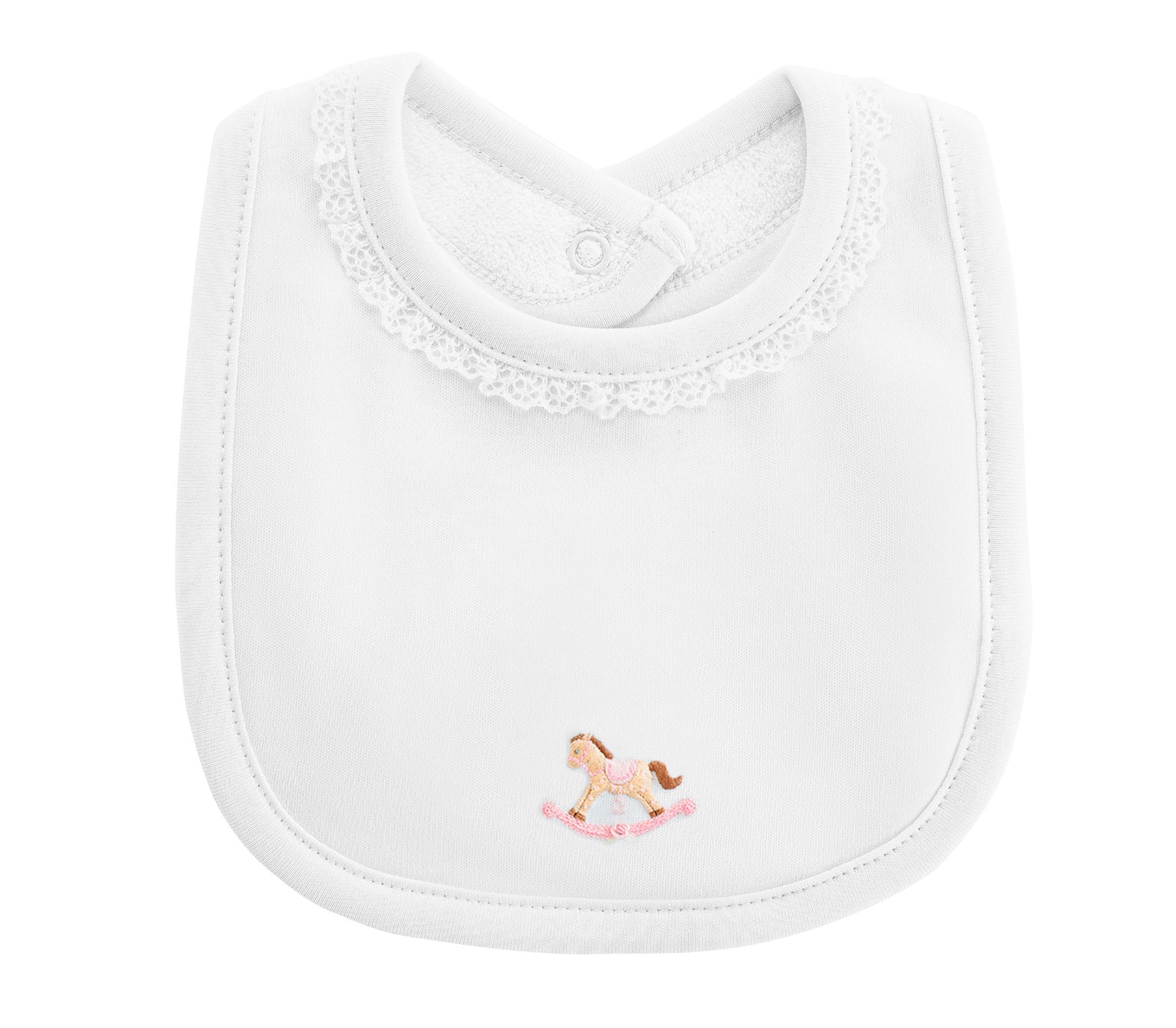 Cute Rocking Horse Bib - Pink with Lace Trim