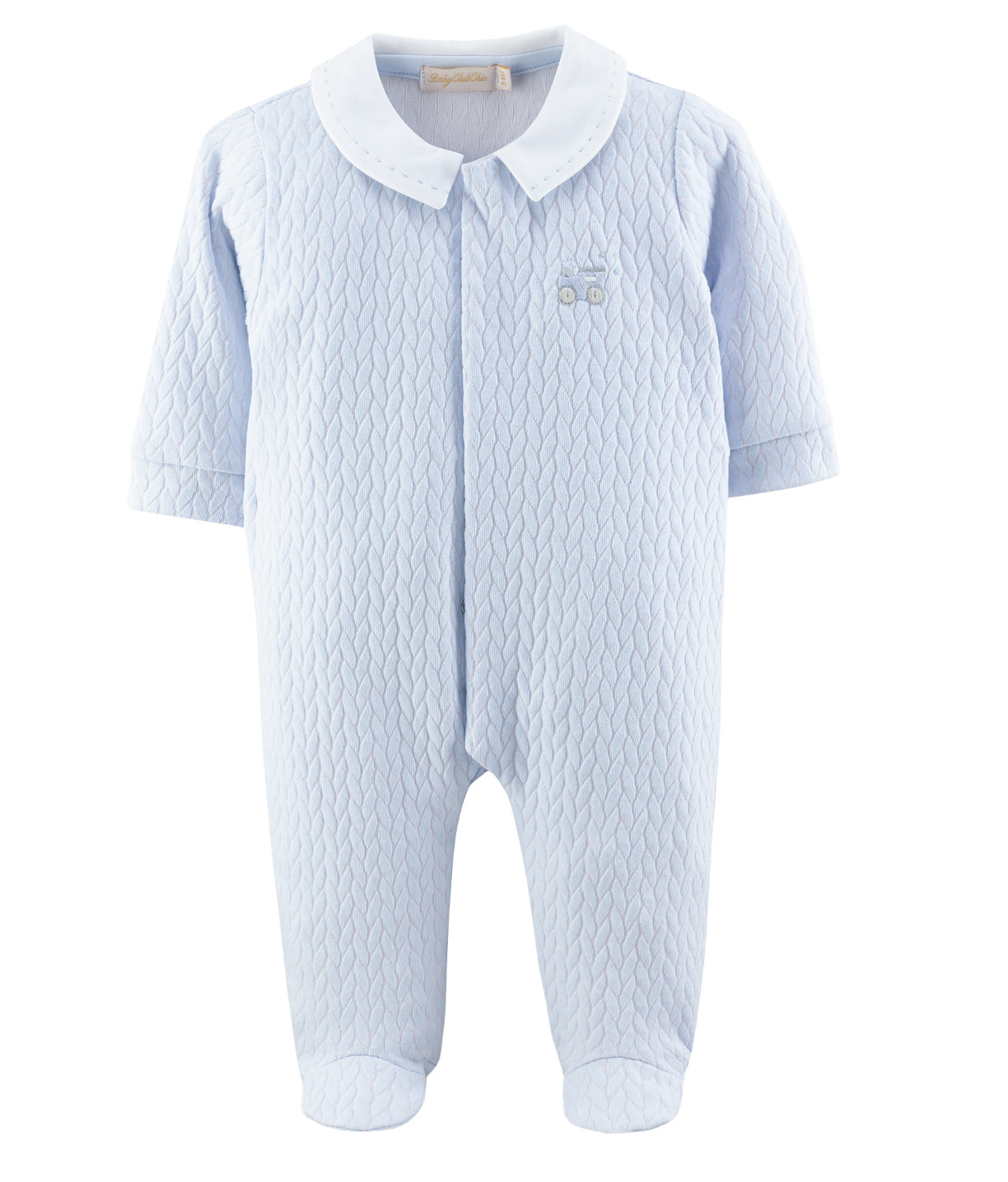 Blue Footie with Train and Hand Stitched Collar