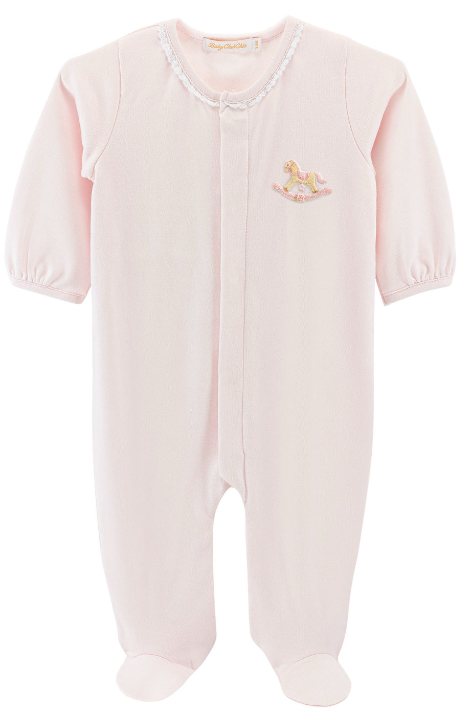Cute Rocking Horse Pink Footie with Lace Trim