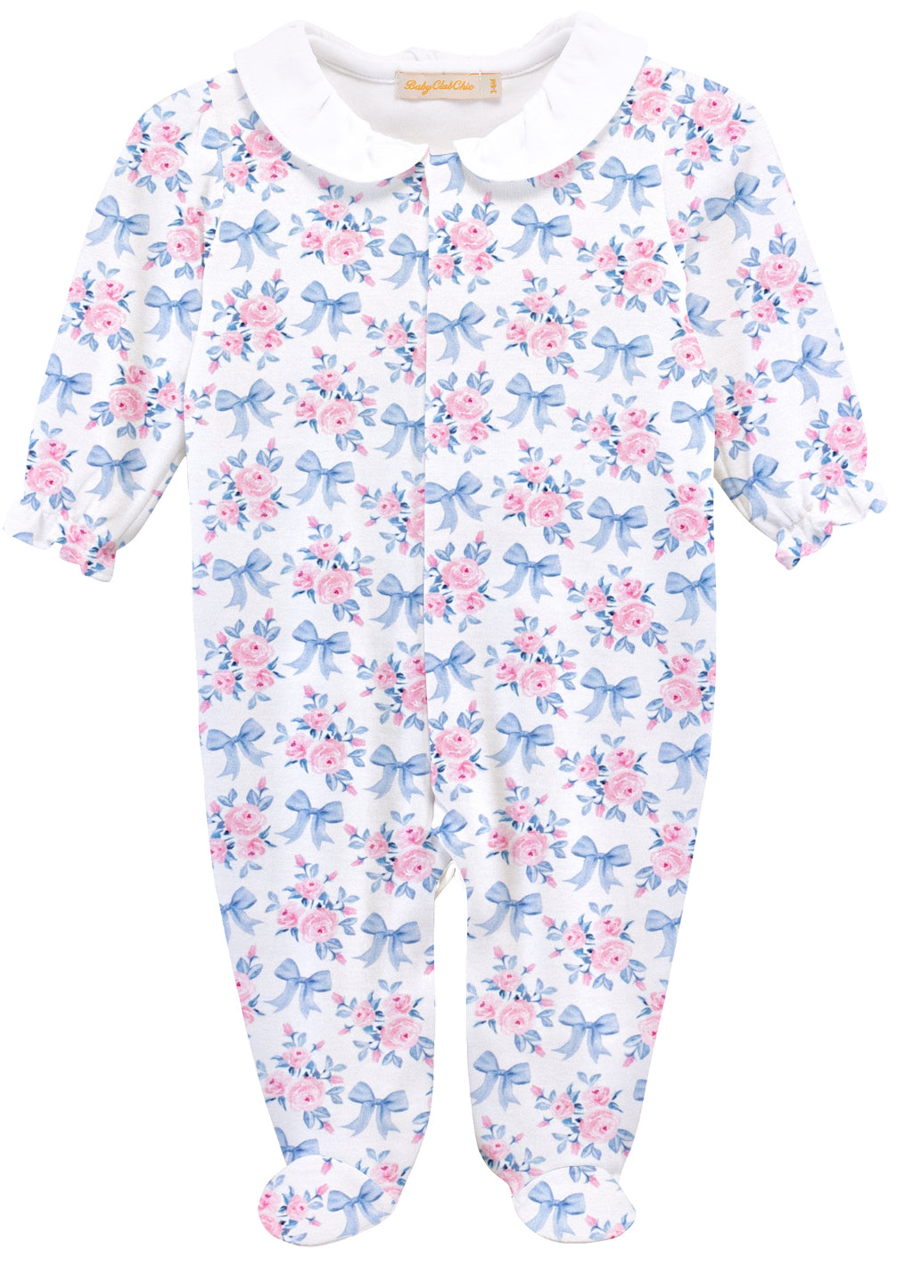 Blue Floral Bows Footie with Round Collar