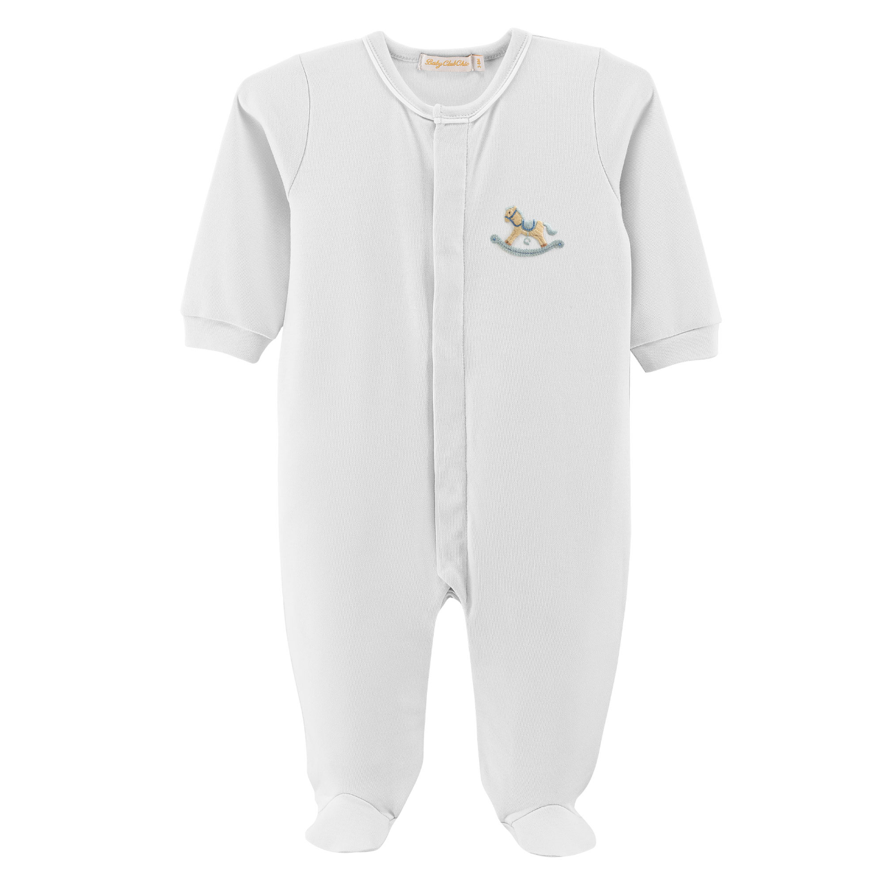 Cute Rocking Horse White Footie w/ Piping Trim and Blue Horse