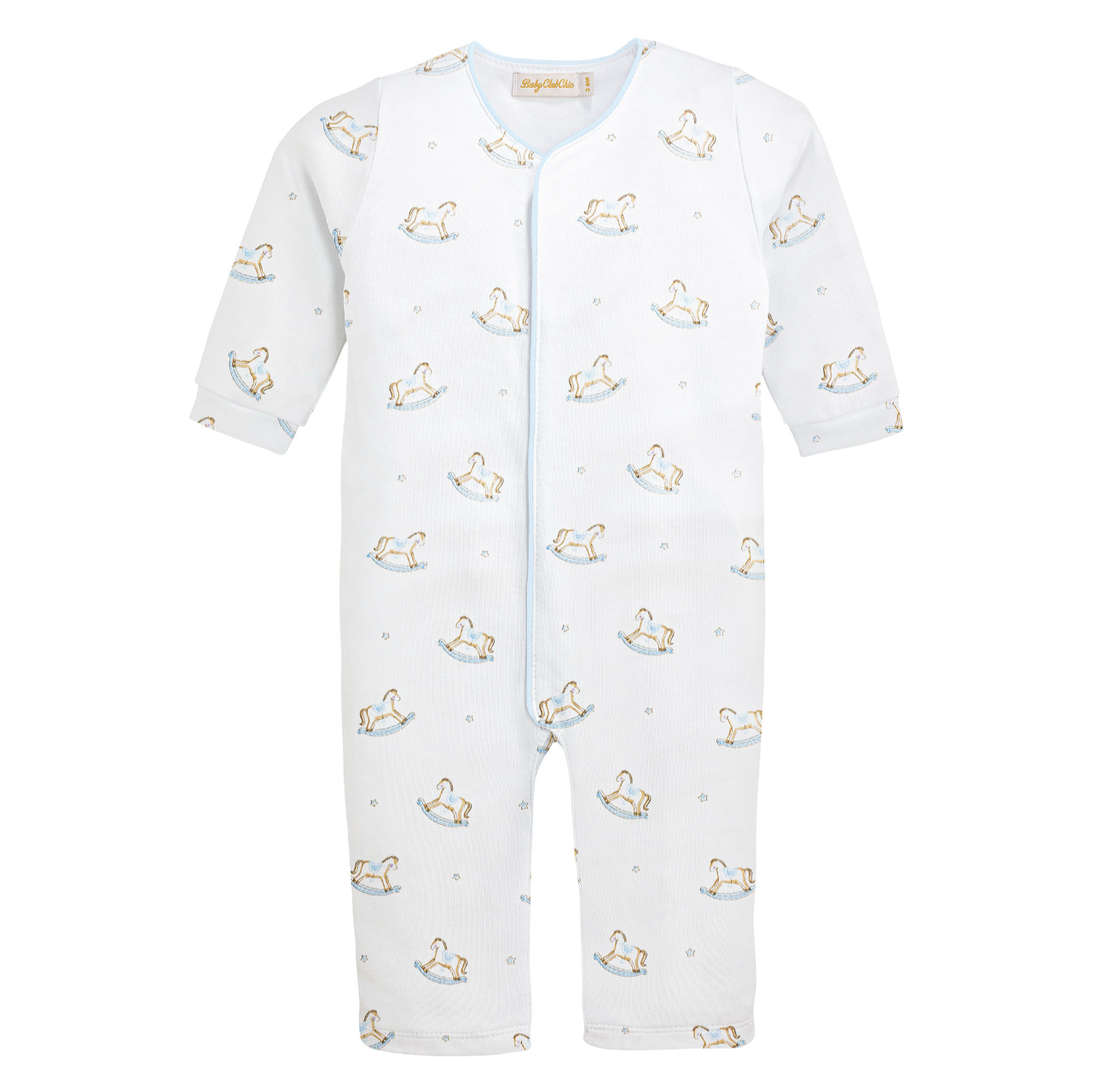 Cute Rocking Horse Blue Printed Coverall w/Piping