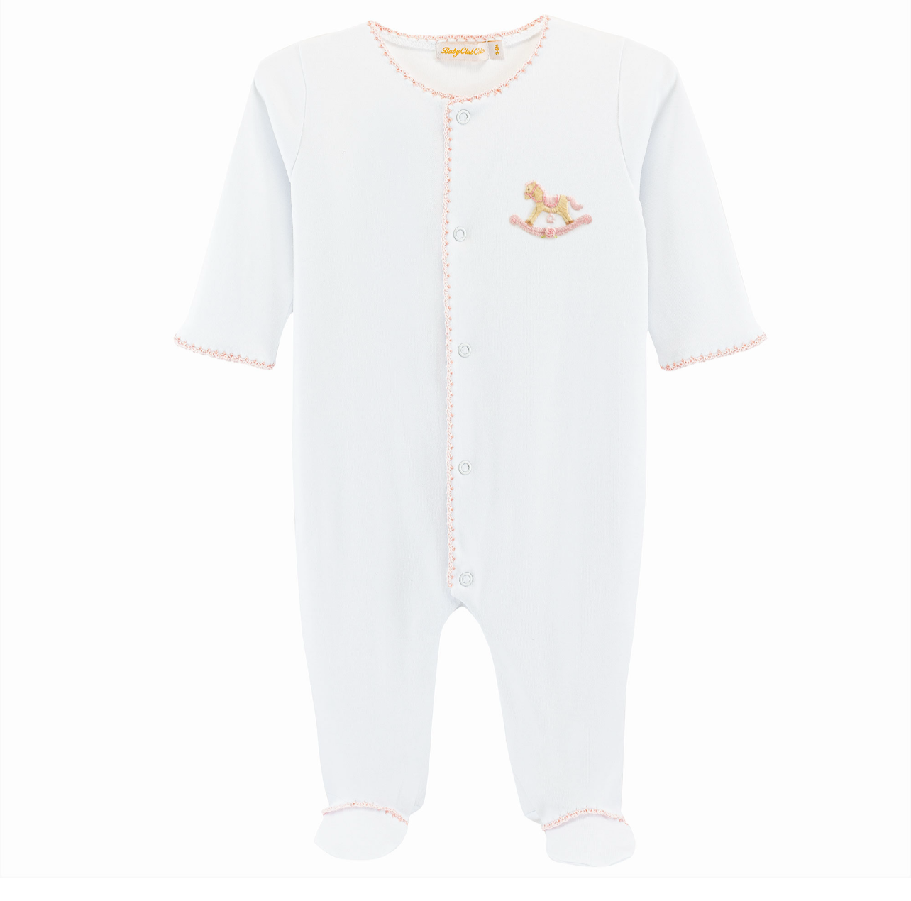 Cute Rocking Horse-Pink Footie w/Crochet Trim