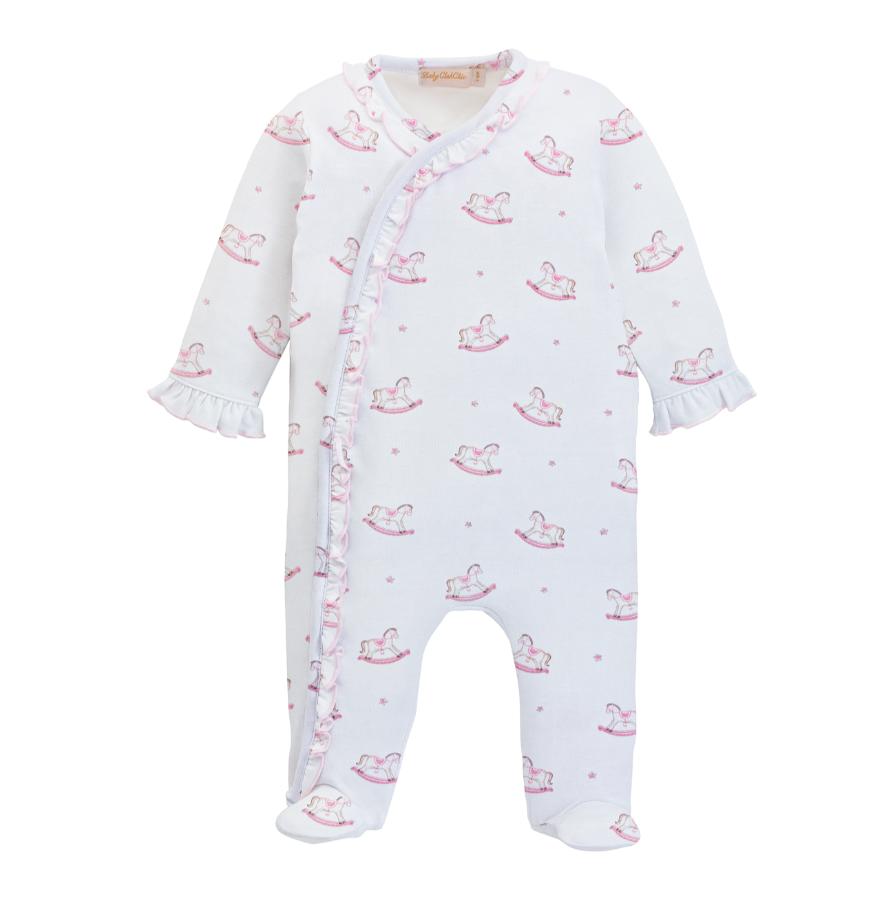 Cute Rocking Horse Pink Printed Footie w/Ruffles