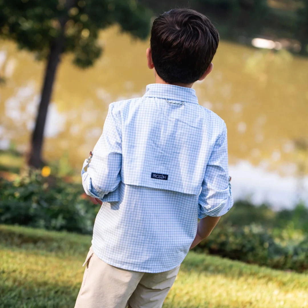Long Sleeve Kids Fishing Shirt - Sky Blue Gingham