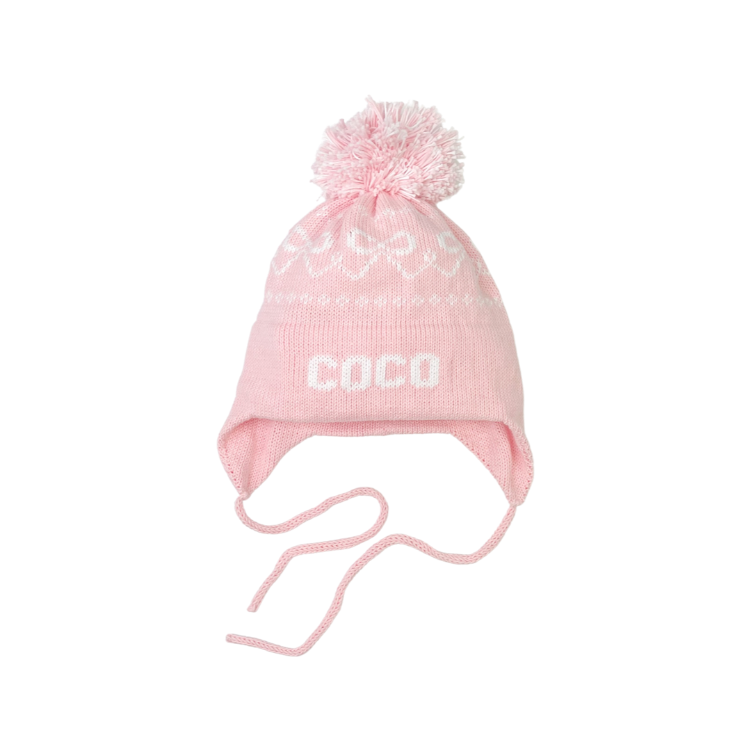 Bow Pom Pom Hat - Light Pink and White