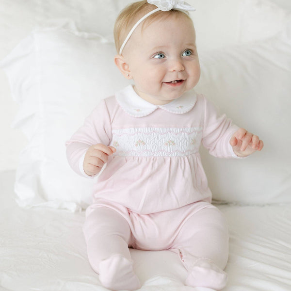 Emily Smocked Footie - Pink: Newborn