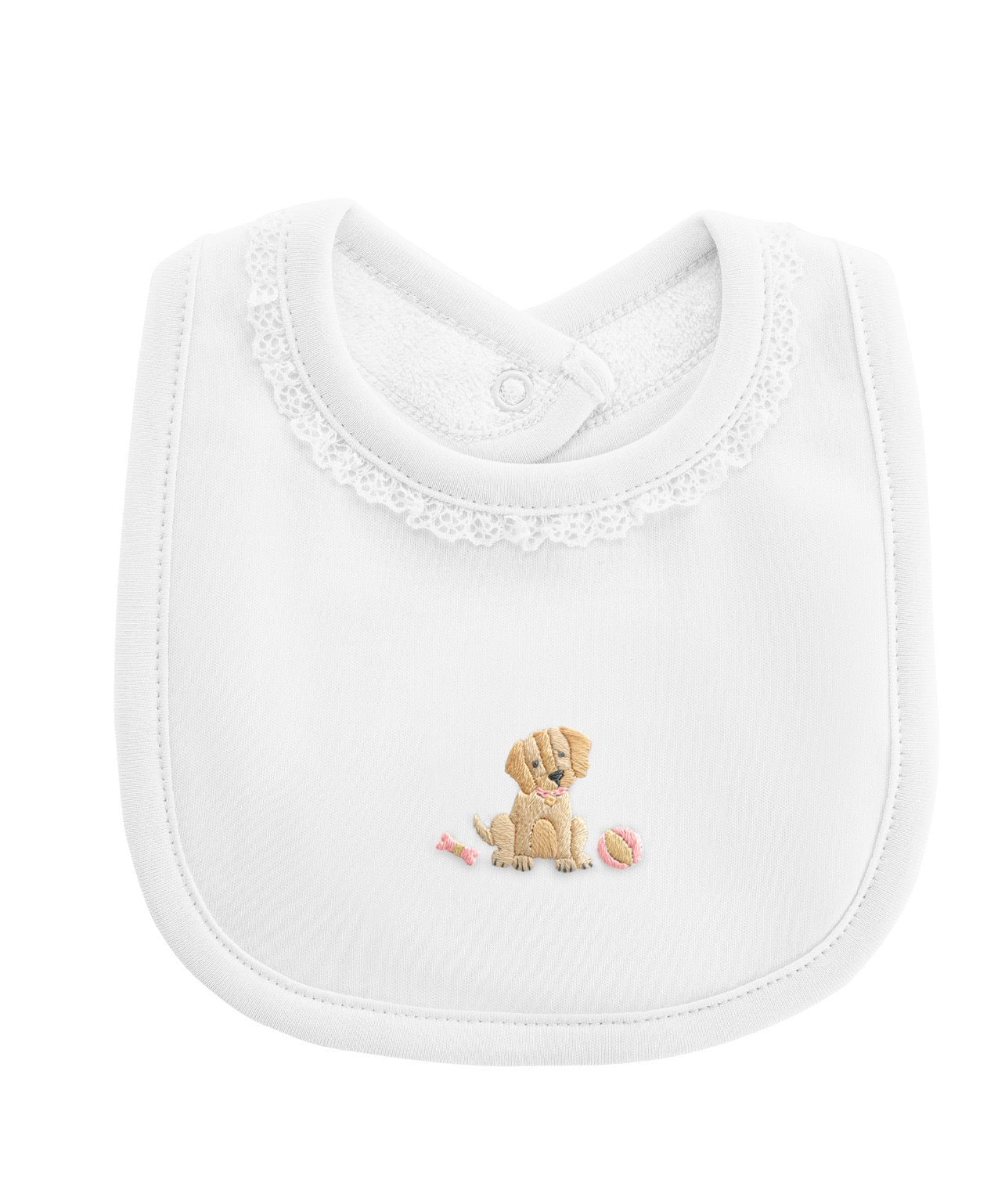 Good Puppy Girl Bib in White with Lace Trim