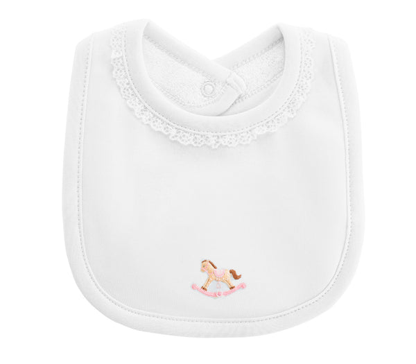 Cute Rocking Horse Bib - Pink with Lace Trim