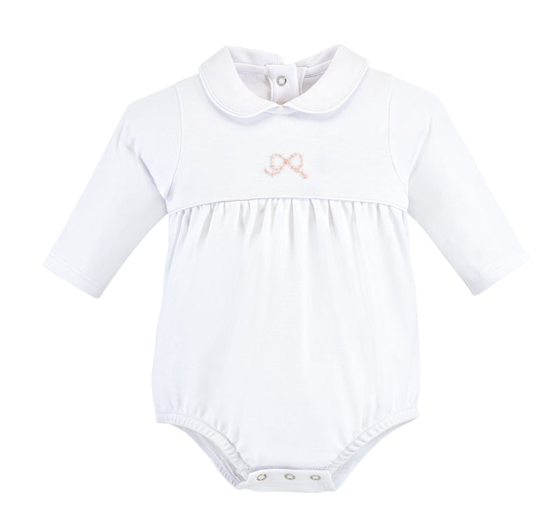 Pretty Bows Long Sleeve Bubble with Collar - White