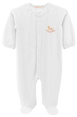 Cute Rocking Horse White Footie with Lace Trim