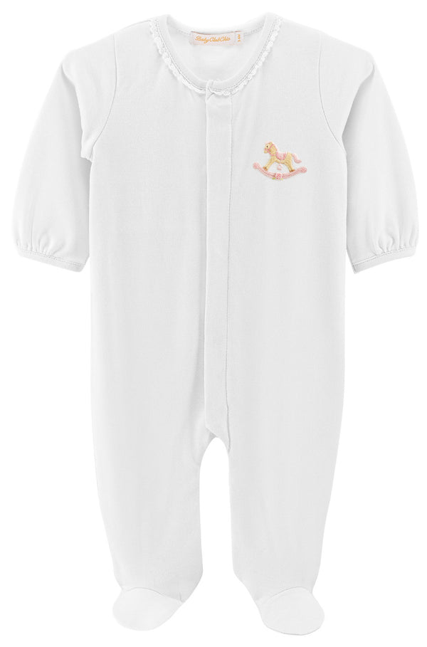Cute Rocking Horse White Footie with Lace Trim