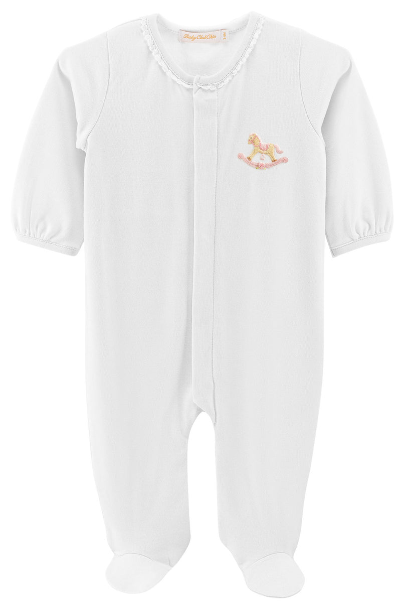Cute Rocking Horse White Footie with Lace Trim