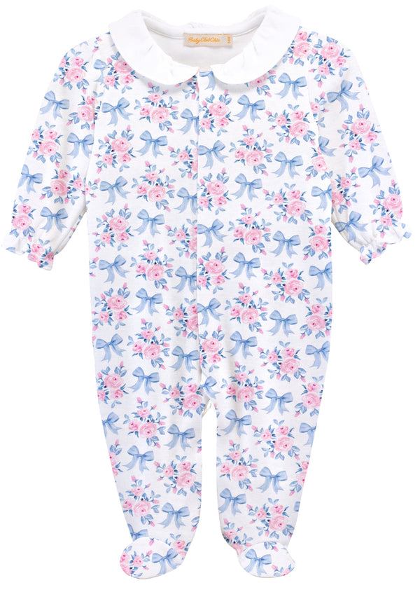 Blue Floral Bows Footie with Round Collar