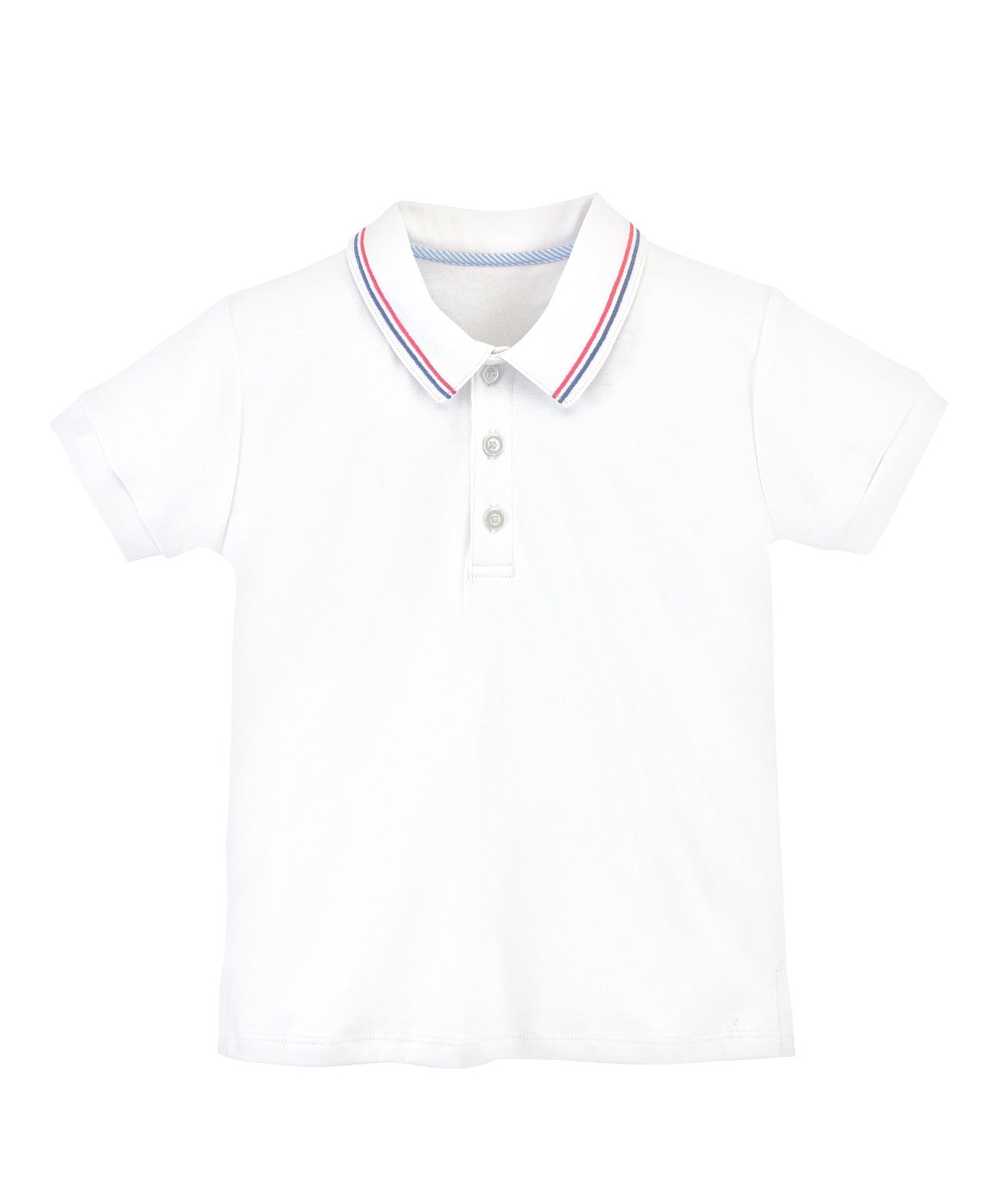 White Solid Polo with Navy and Red stripe on collar