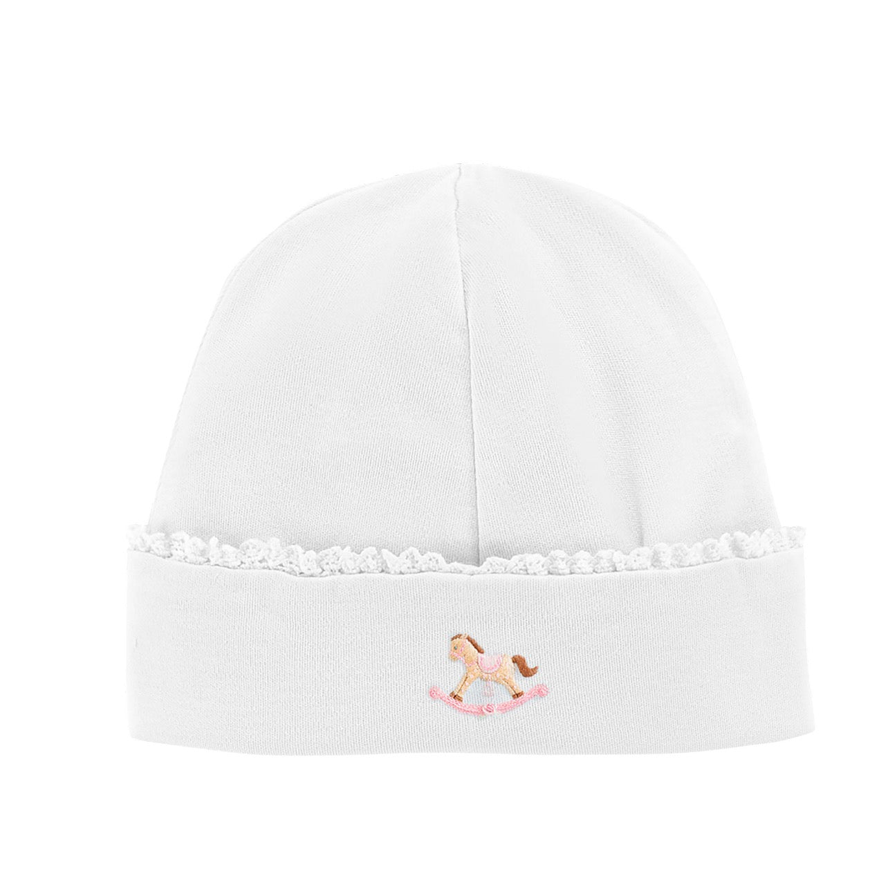 Cute Pink Rocking Horse Hat, White with Lace Trim