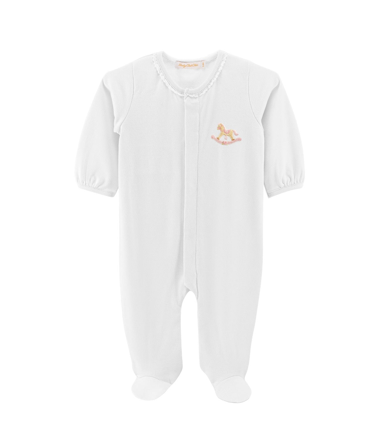 Rocking Horse Footie - White with Lace Trim