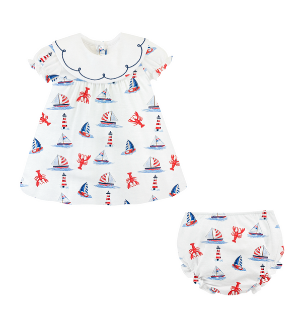 Sailing in Summer Printed Bib Dress w/Embroidery