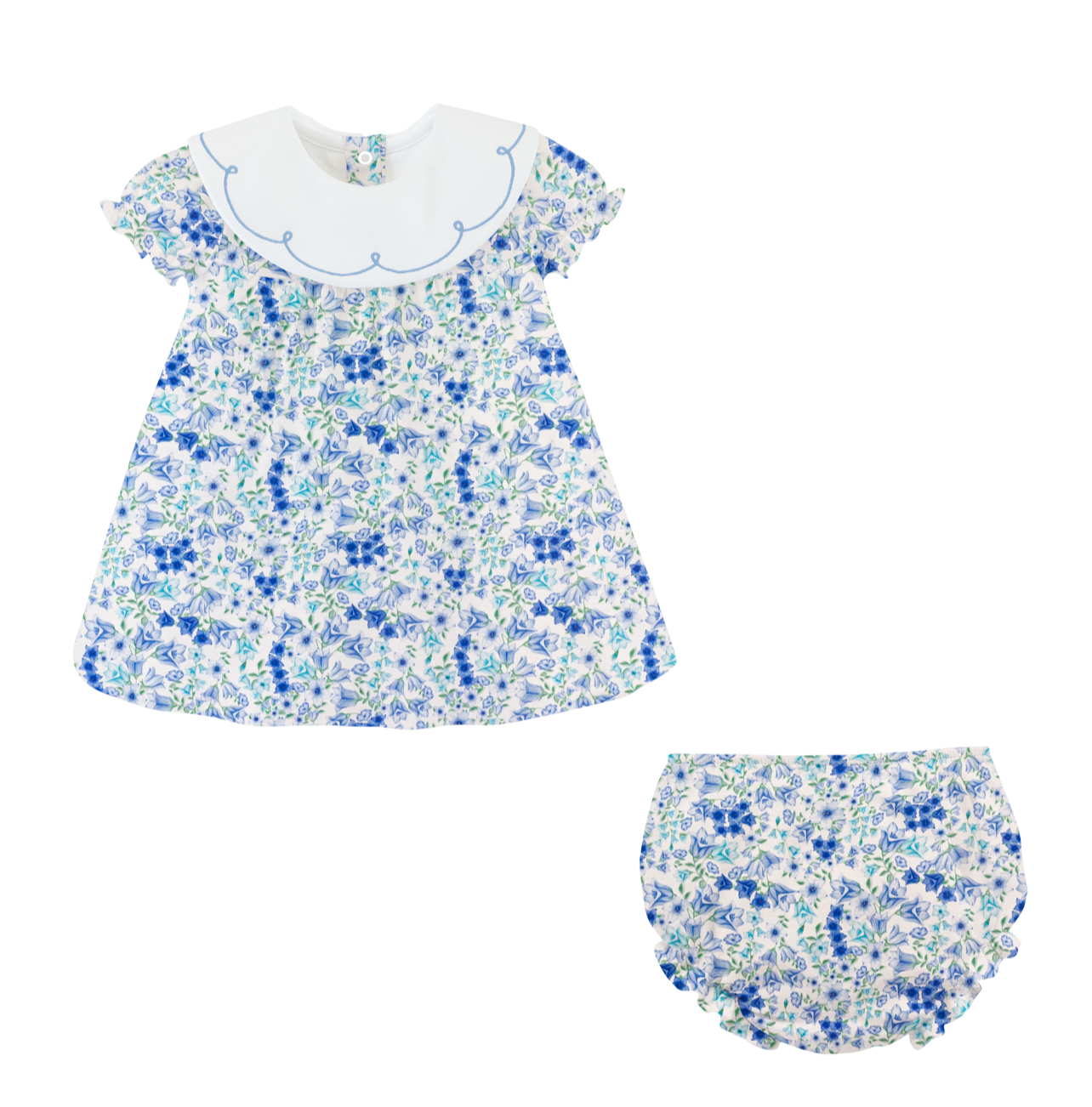 Blue Bell Flower Printed Bib Dress w/ Embroidery