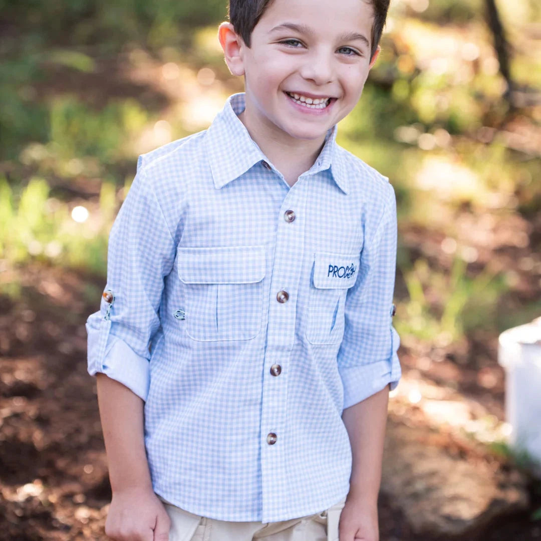 Long Sleeve Kids Fishing Shirt - Sky Blue Gingham