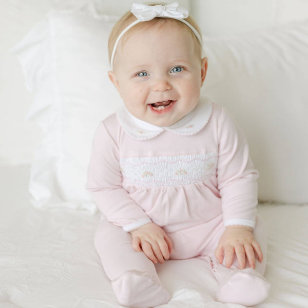 Emily Smocked Footie - Pink: Newborn