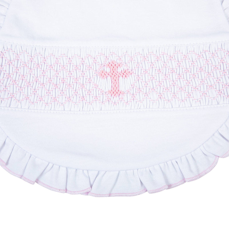 Blessed Smocked Ruffle Bib - Pink: Pink / O/S