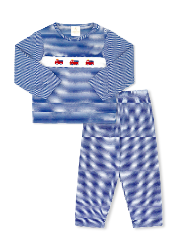 Bayou Play Set - Royal Stripe with Firetruck Embroidery
