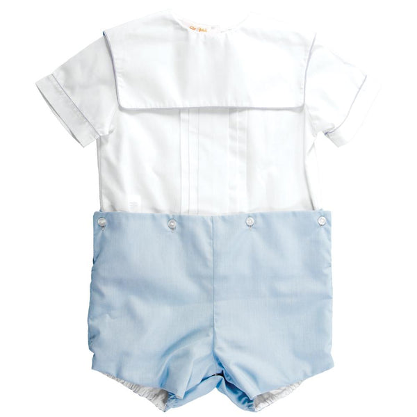 White and Blue Square Collar Button on Short Set