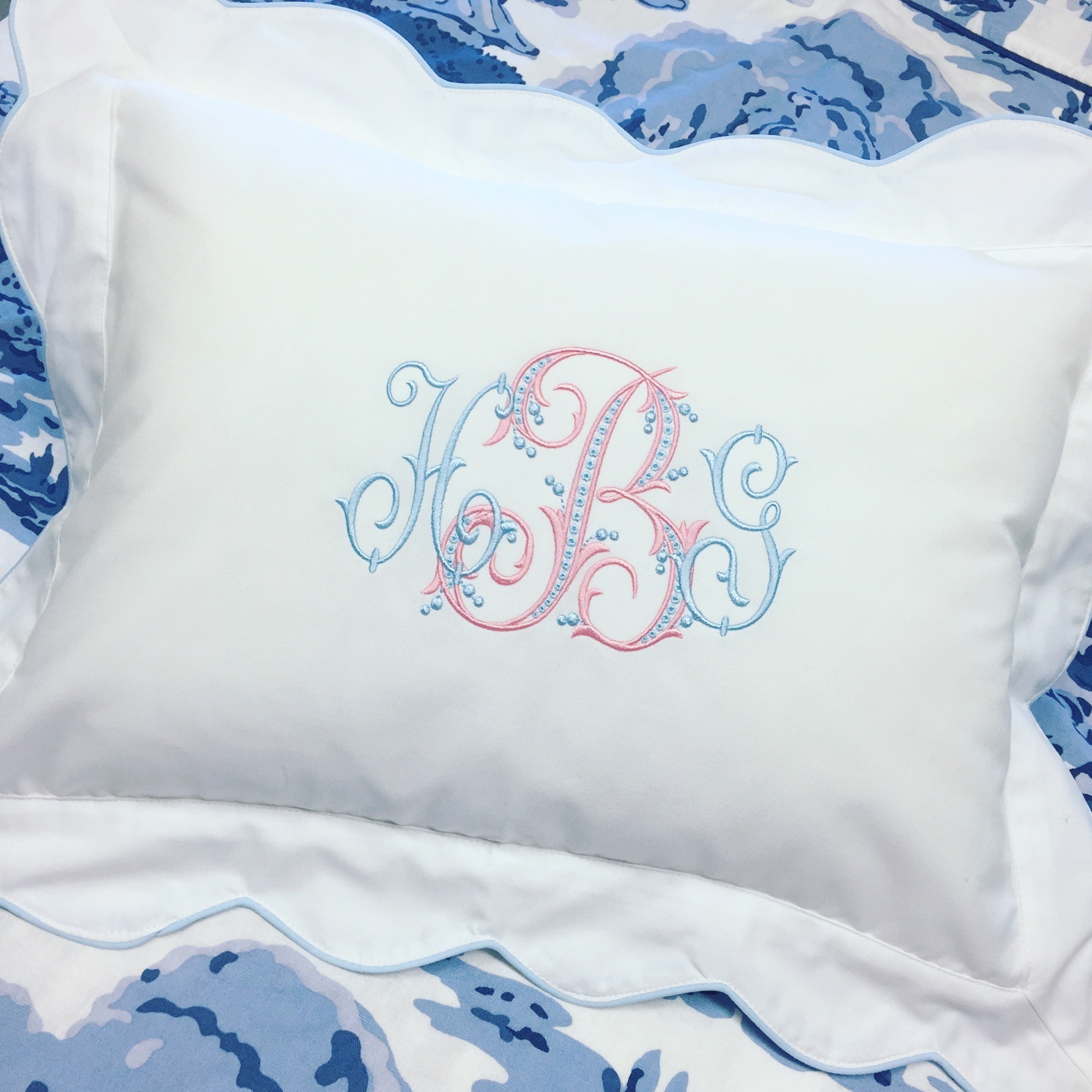 Scalloped Boudoir Sham - White with Blue Trim
