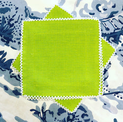 Green Linen Cocktail Napkins with White Picot Trim