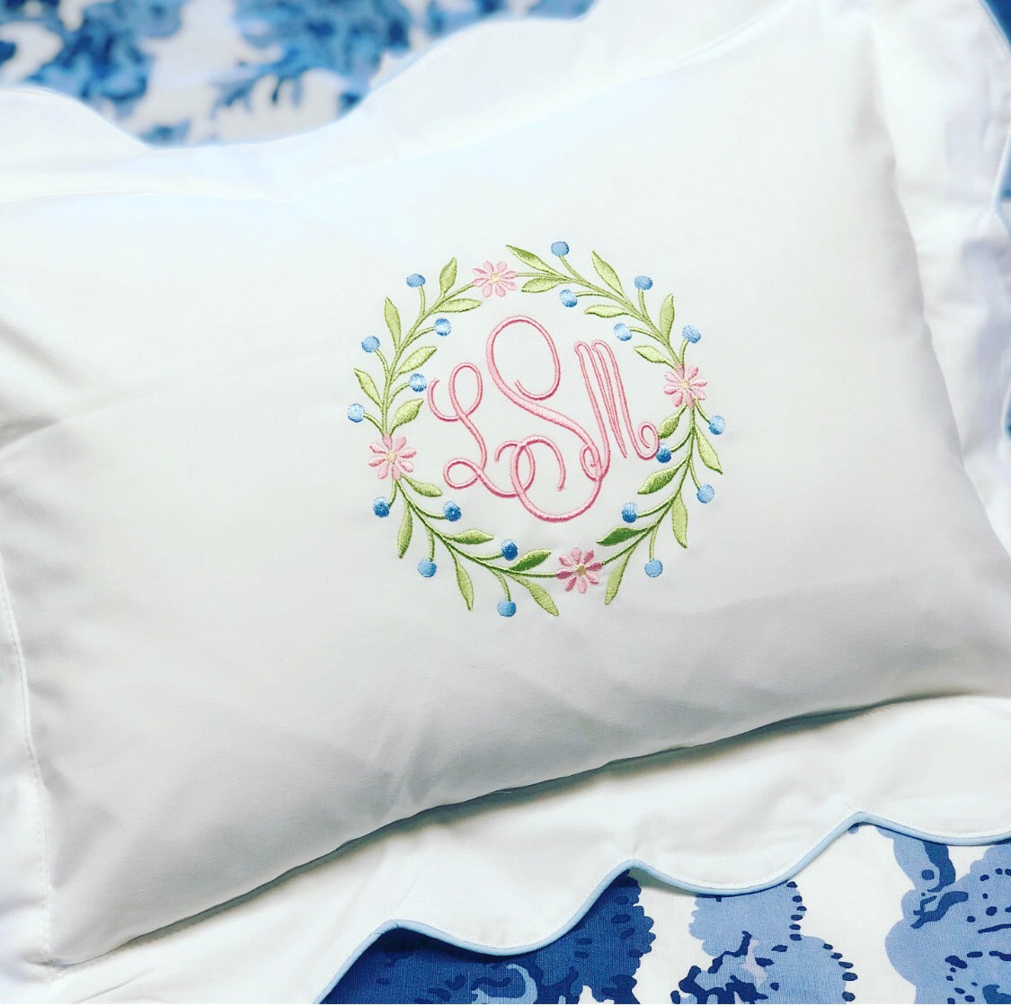 Scalloped Boudoir Sham - White with Blue Trim