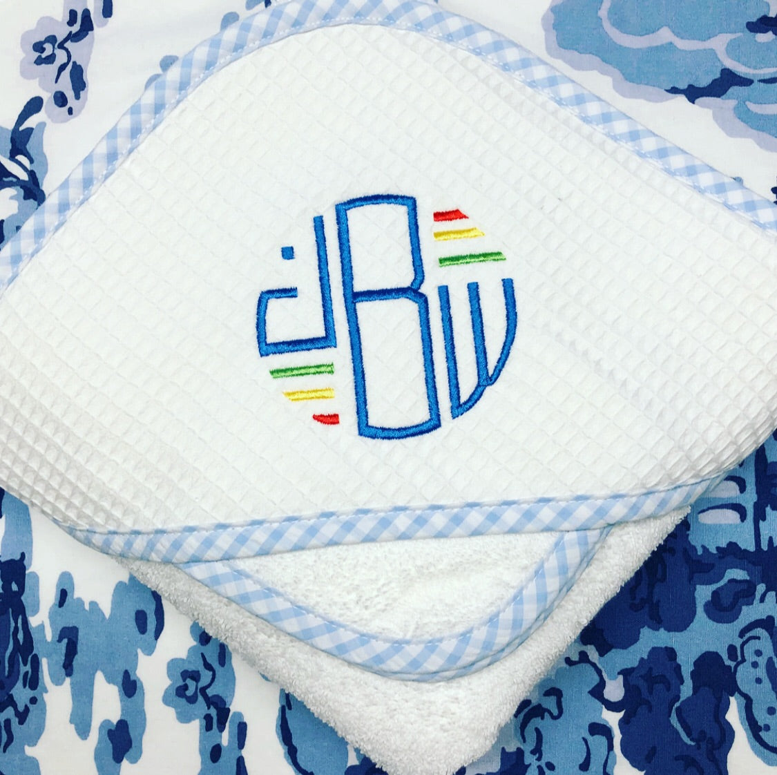 Gingham Trim Terry Hooded Towel Set - Blue