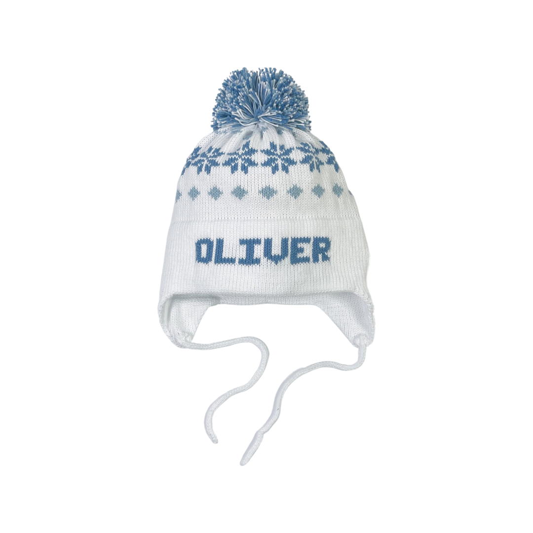 Nordic Pom Pom hat, White, Denim and Light Blue