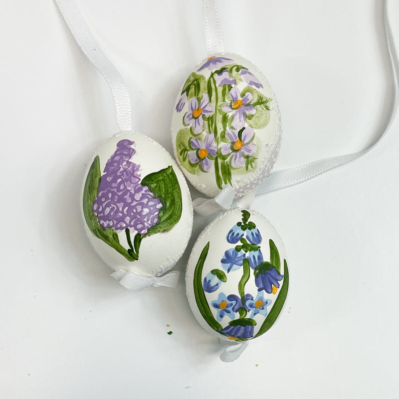Hand Painted Easter Eggs - White with Lavender Flowers
