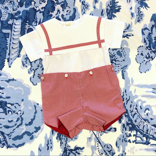 Red & White Gingham Button-On Short Set with Collar