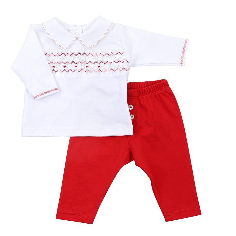 Clara and Colton Red Smocked Collared 2 Piece Boy Set