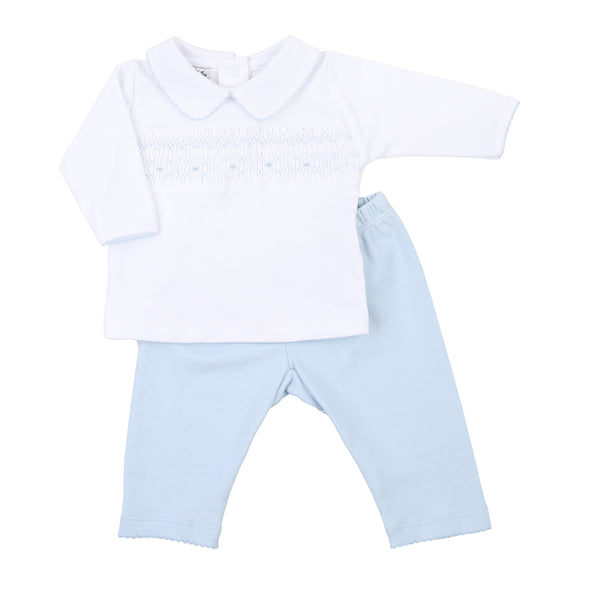 Sophia and Oliver Blue Smocked Collared Pant Set