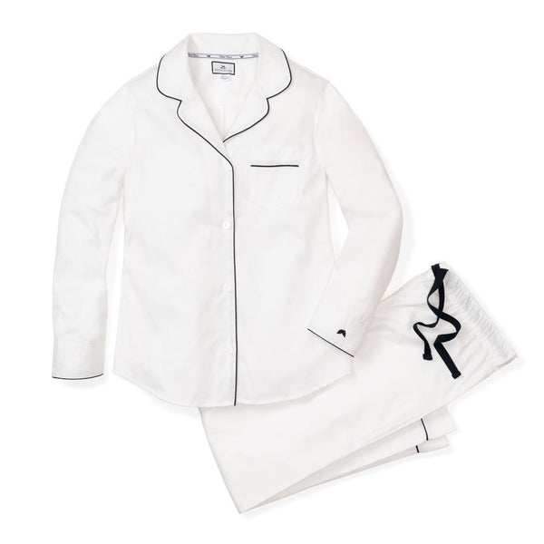 White Pajama Set with Navy Piping